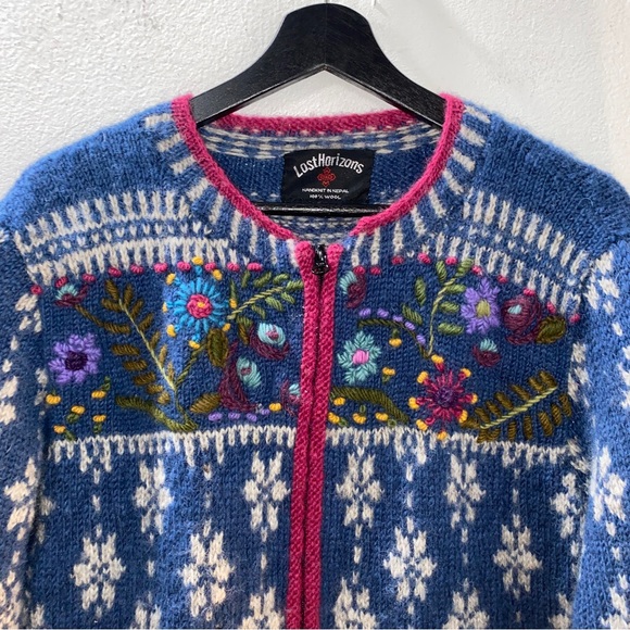 Vintage Lost Horizons Wool Floral Embroidered Fisherman Fair Isle Zip Sweater XL - Picture 3 of 14